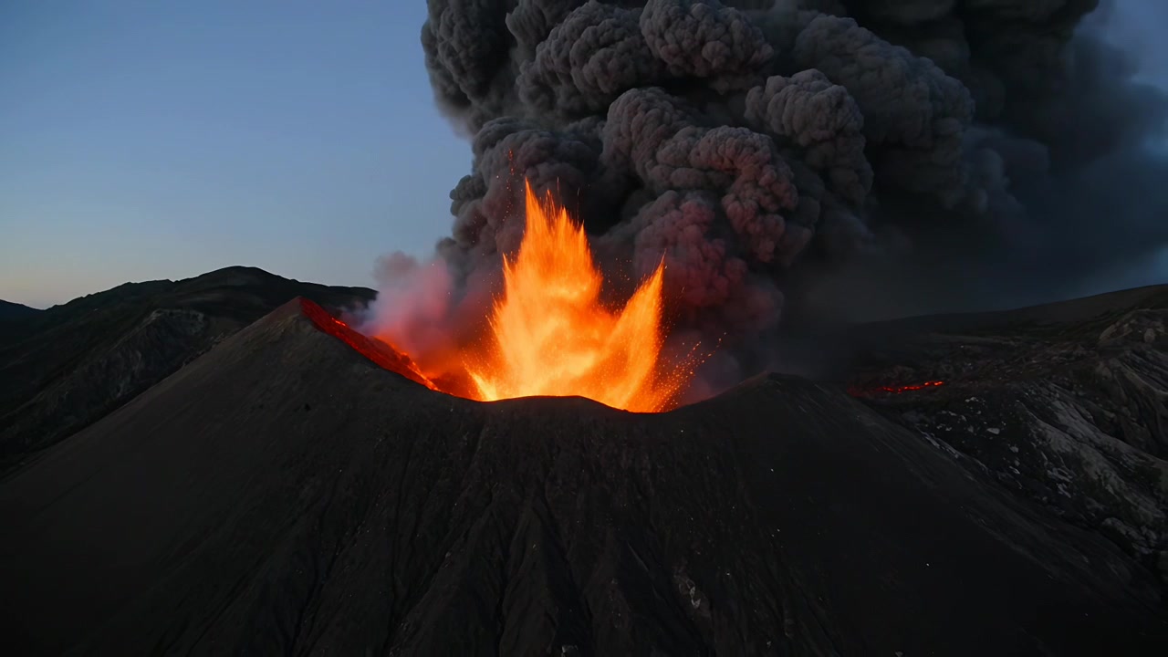 Magma in eruzione a fontana dal cratere lungo la cresta della montagna al crepuscolo, con pennacchio di cenere.