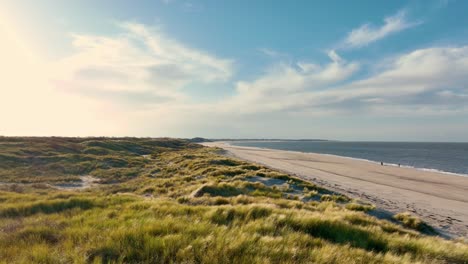 Long-aerial-shot-flying-over-grassy-dunes-at-sunset-with-a-beautiful-blue-sky