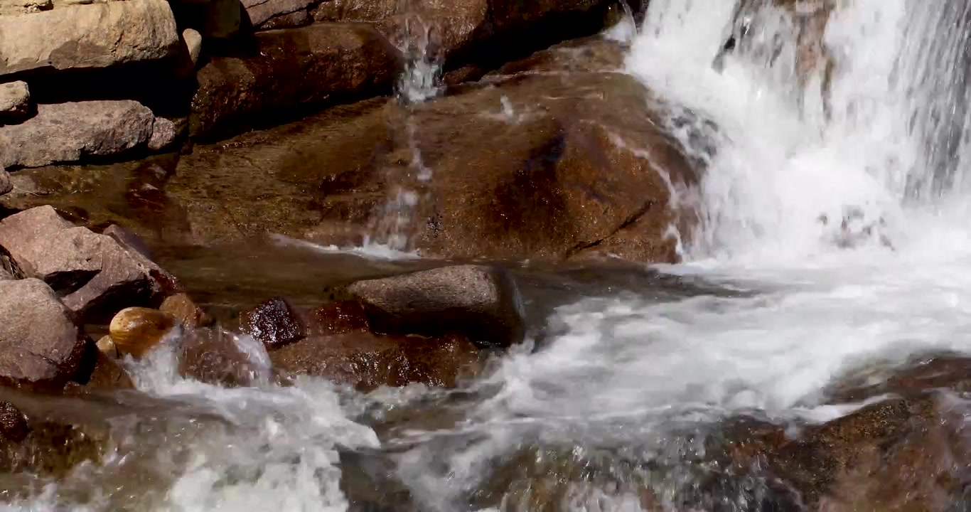 Video statico di un ruscello in Colorado. È stato girato vicino a Estes Park, Colorado. Questo è un primo piano del ruscello che scorre tra le rocce.