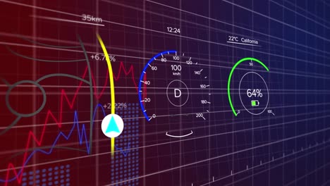 animation of speedometer, battery indicator and navigation line with multicolored graphs