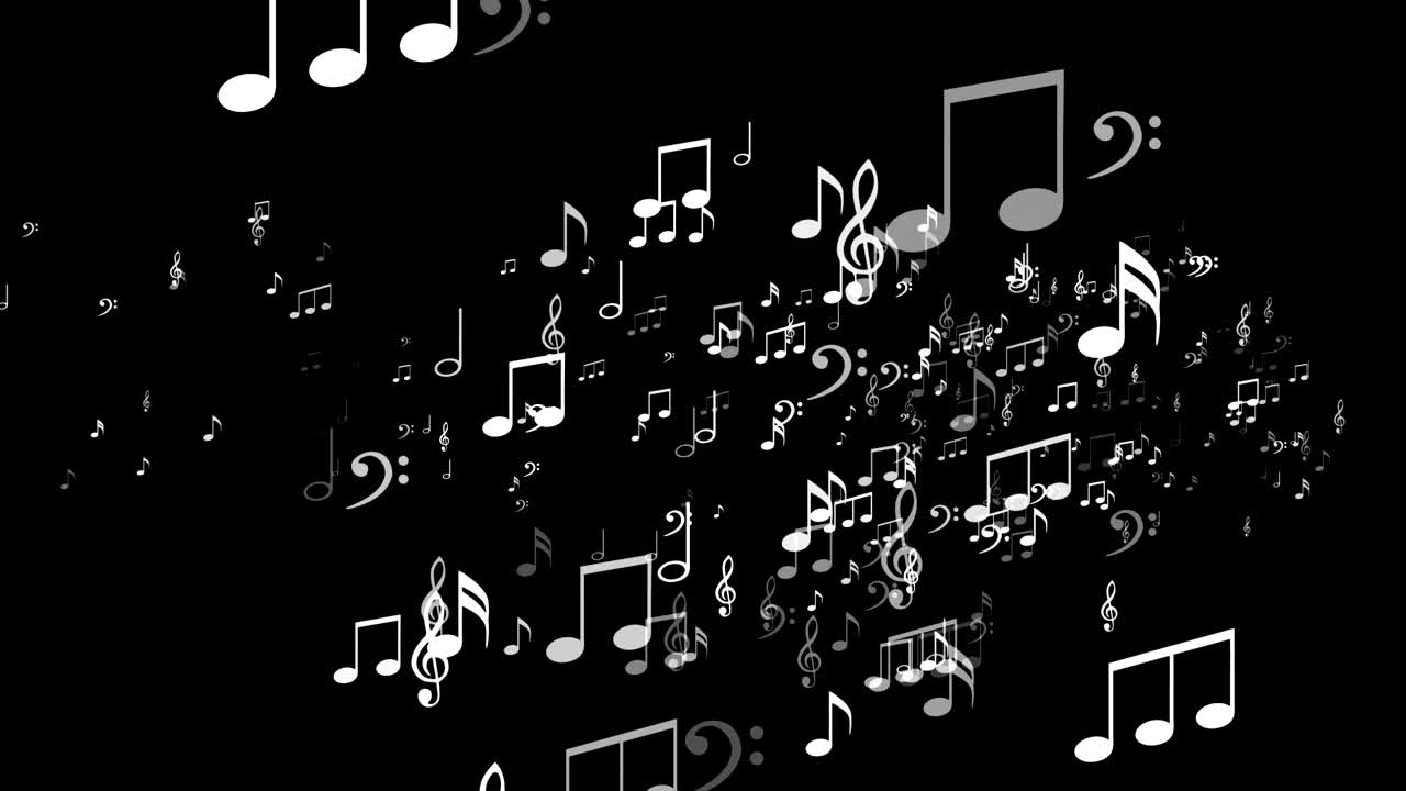 explosión de notas musicales aleatorias, animación, renderización, fondo, bucle, 4k