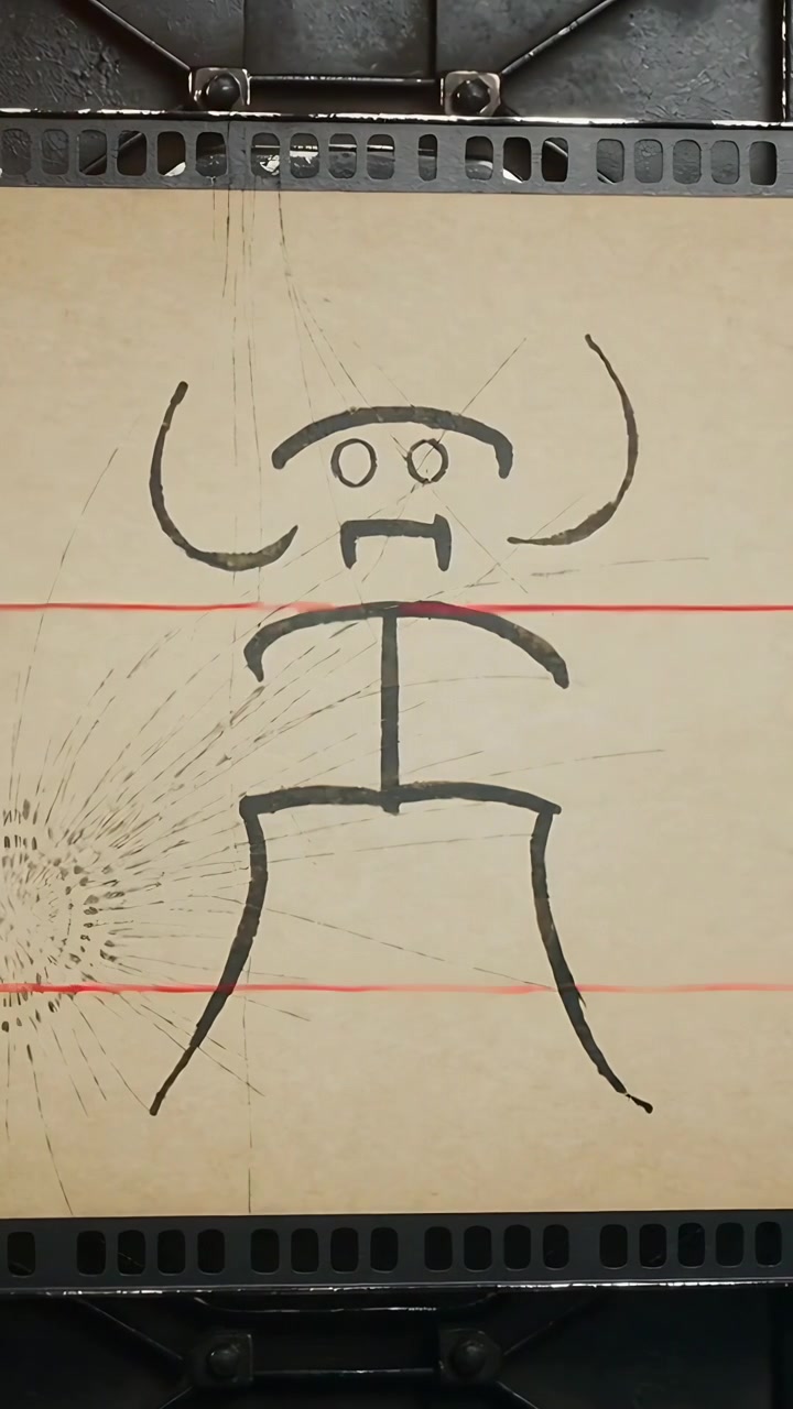 Vídeo vertical: Mostrando desenho a tinta em folha bege em moldura de estúdio, câmera mudando, alinhando guia
