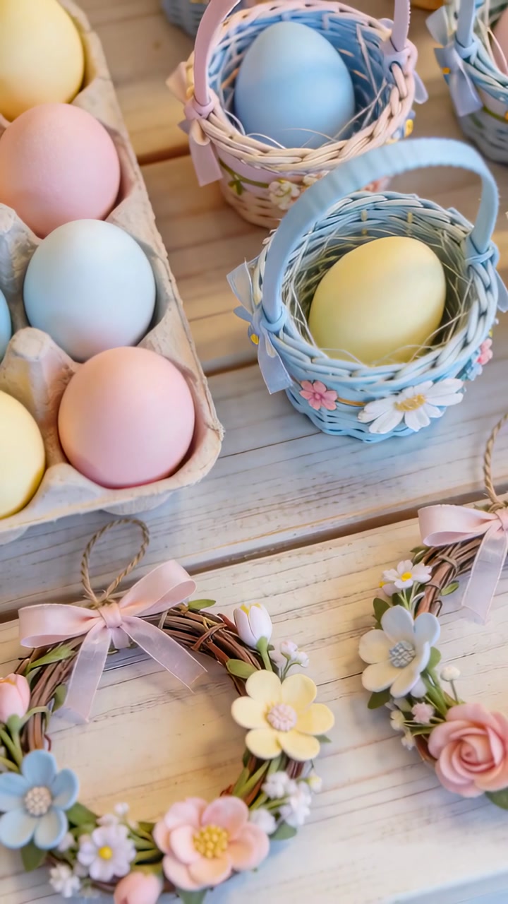 Vertical video: Shifting camera revealing pastel eggs and baskets on wood table to show wreaths