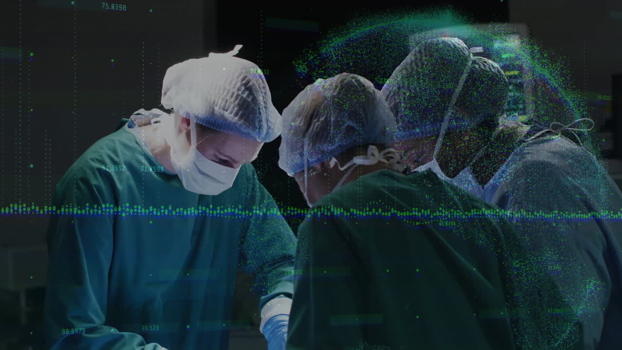 Medical team performing surgery with digital data processing animation overlay