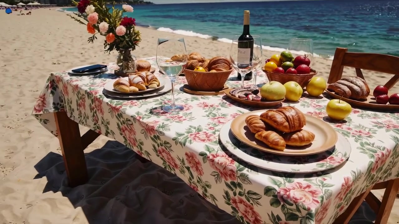 Tavolo da picnic romantico allestito su una spiaggia sabbiosa e soleggiata