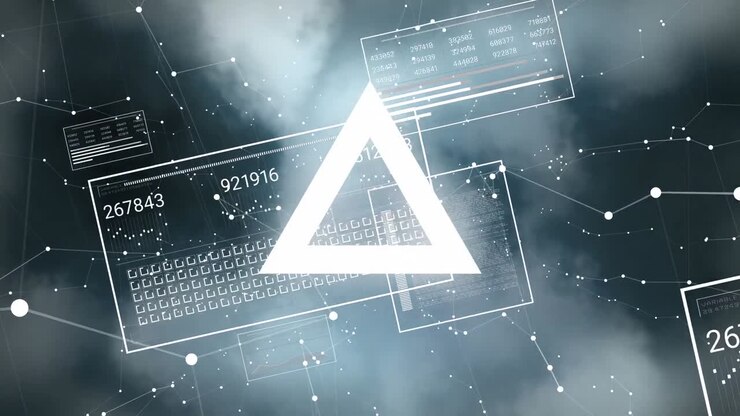 Animation of pulsating triangle and data processing over clouds