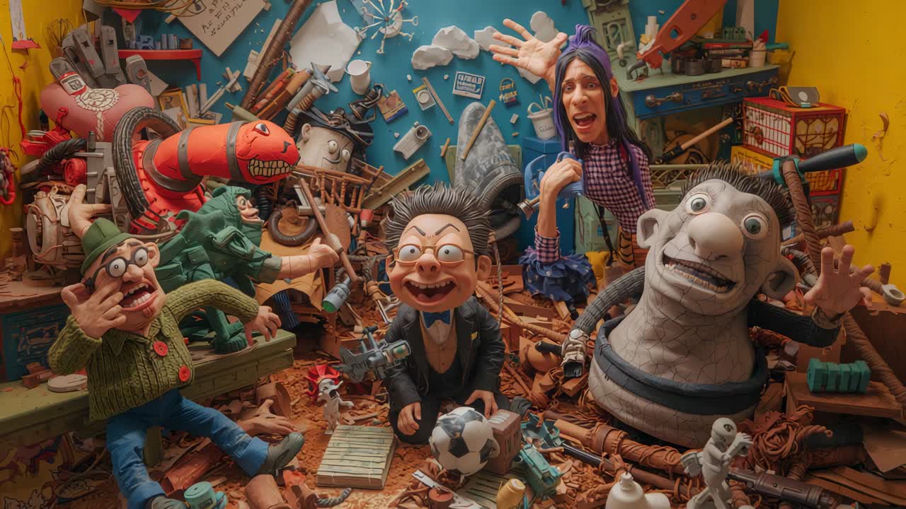 Reacting offscreen cue, five puppets shifting hands in workshop suit puppet holding camera and ball