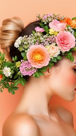 woman in studio with floral crown. a young woman poses gracefully with a floral crown, showcasing vibrant flowers against a soft peach background.