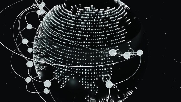 Forming grid sparking rotating dotted globe in star field, orbiting nodes tracing rings showing net