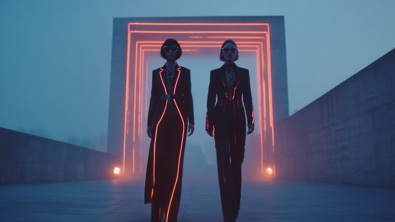 Futuristic Elegance: Two Women in High-Tech Costumes Walk Confidently Through an Ethereal Neon Archway Under a Misty Sky, Creating a Stunning Sci-Fi Atmosphere with Intense Lighting Effects