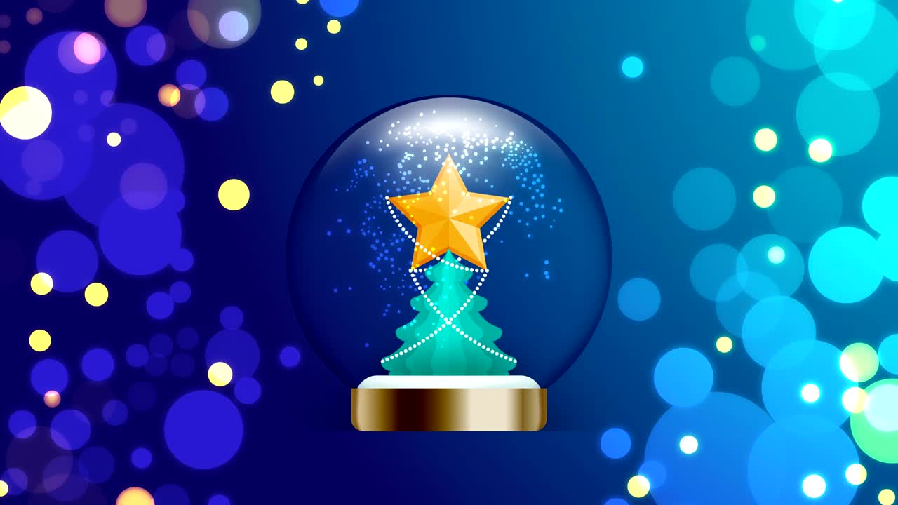 기념품 스노우볼 유리 글리터 내부에는 모양과 크리스마스 트리와 함께 황금색 별이 있습니다. 파란색 그라디언트 배경에 보케 빛 일러스트레이션, 복사 공간과 함께 4k 애니메이션.