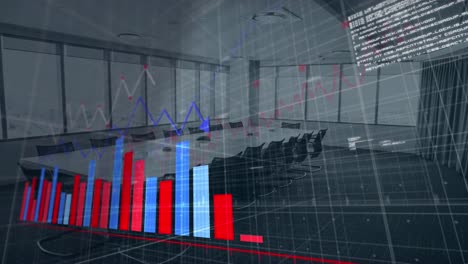 animation of multiple graphs moving over empty conference room