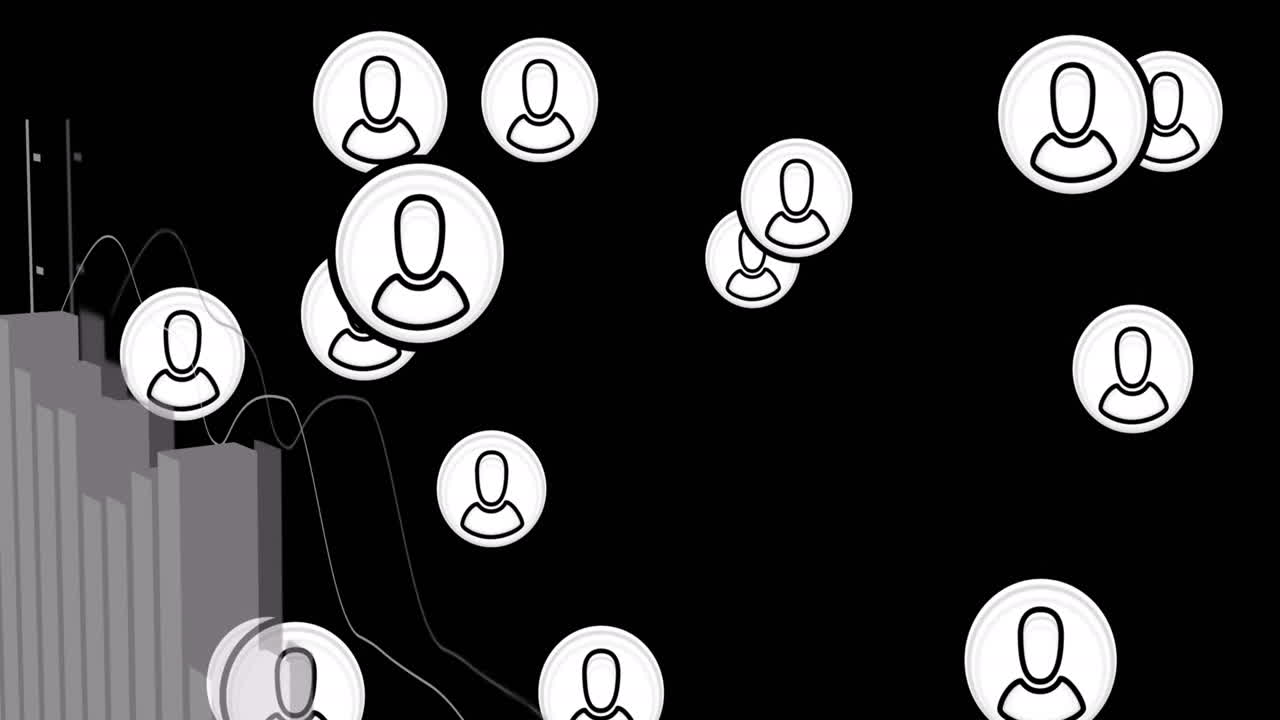 animación de los iconos de perfil sobre múltiples gráficos contra un fondo negro