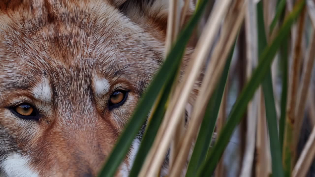 Red Wolf Peeking Through Grass