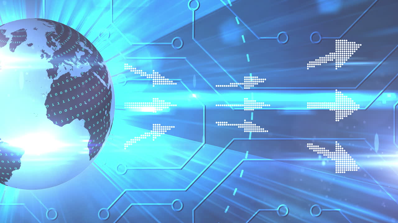 animación de un globo brillante y múltiples flechas digitales sobre un fondo azul