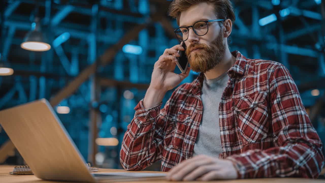 Focused Individual Engaged in Phone Conversation While Working on Laptop in a Modern, Dimly Lit Workspace, Exemplifying a Professional and Candid Moment