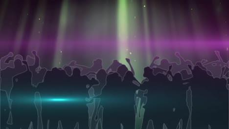 Digital-animation-of-green-and-purple-shining-lights-over-silhouette-of-people-dancing