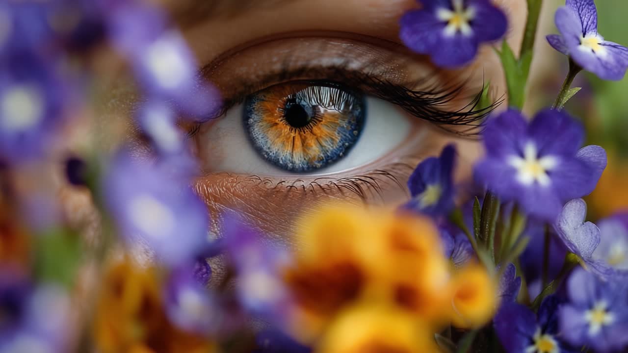 A Close-Up Vision Through Colorful Blossoms: A Mesmerizing Eye Framed by Vibrant Flowers that Captivates with its Unique Colors and the Beauty of Nature