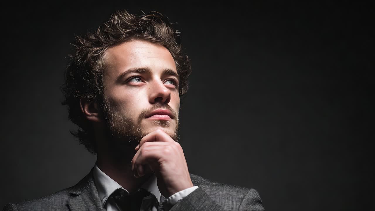 A Pensive Man in Formal Attire Reflects Deeply, Captured in Two Frames from a Thought-Provoking Video Showcasing Contrast in Expression and Emotion