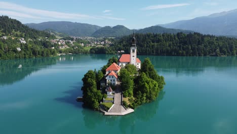 romantic bled glacier lake and island from above. footage with 4k high quality drone stock video