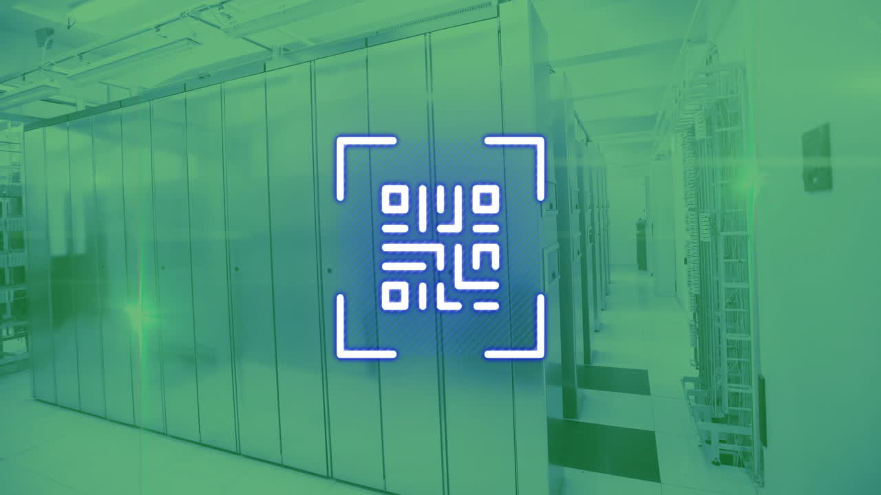 Animation of qr code and light trails over server room