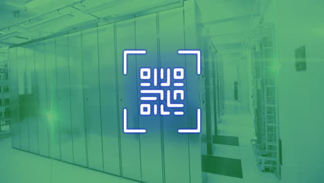 animation of qr code and light trails over server room