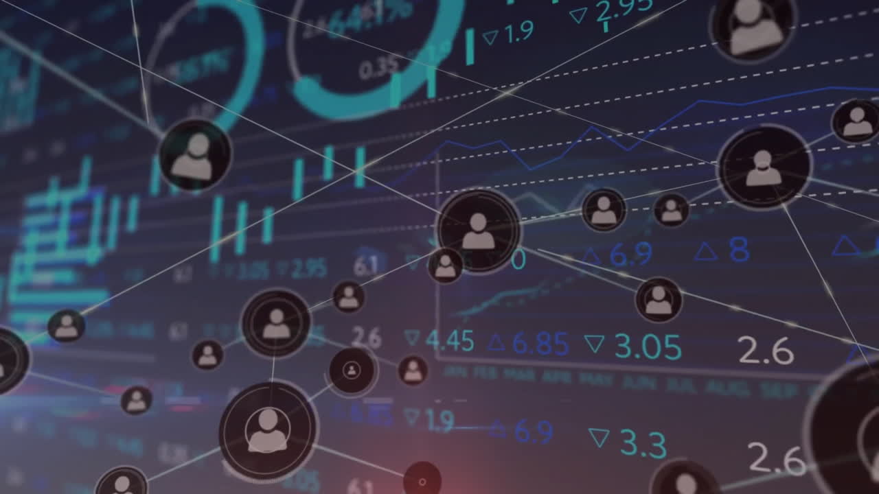 아이콘을 가진 연결 네트워크를 통해 데이터 처리의 애니메이션