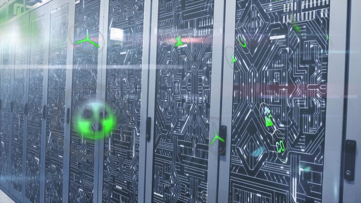 Animation of eco icons and digital data processing over computer servers