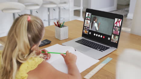 composite of girl using laptop for online lesson at home, with diverse teacher and class on screen