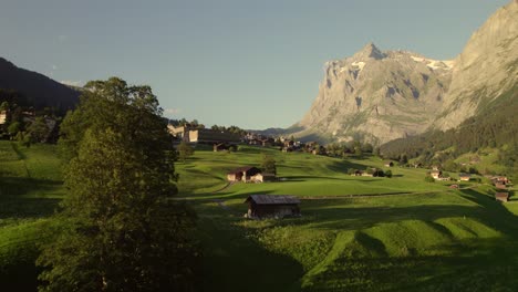 pushing-in-over-green-meadows-in-stunning-mountain-village-Grindelwald-with-view-of-Mount-Wetterhorn