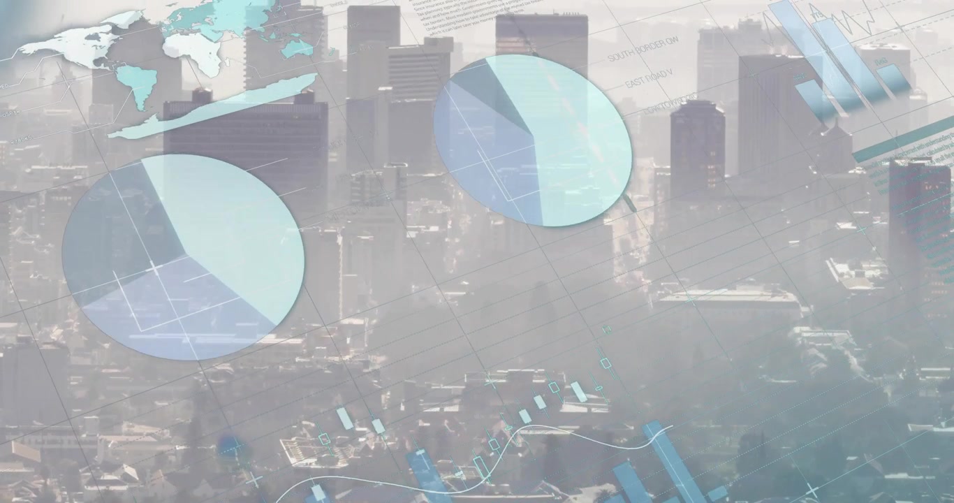 Hazy aerial view initiating data bars sliding in and radial gauge emerging visualizing metrics
