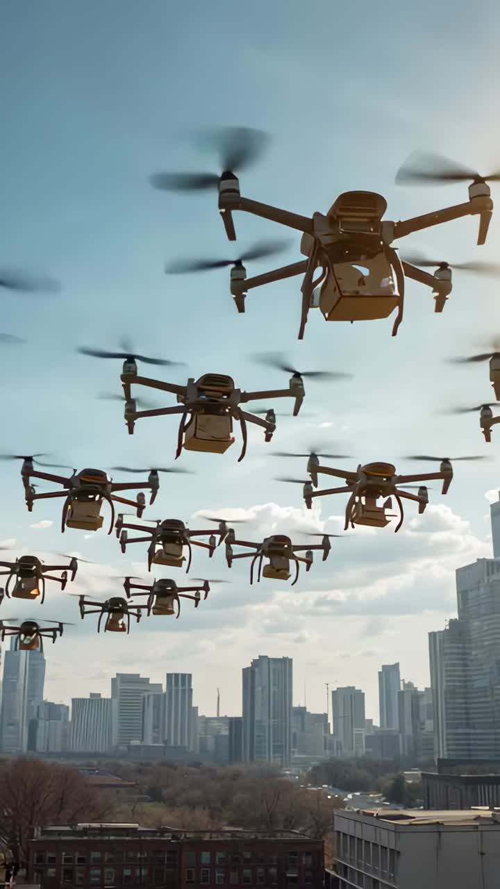 Vertical video: Camera tilting showing swarm of drones delivering cargo boxes over rooftops