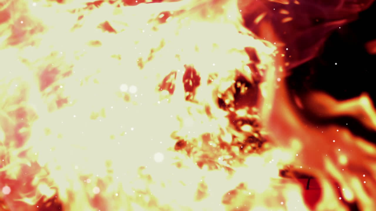 검은 바탕에 불꽃 위에 떨어지는  ⁇  점의 애니메이션