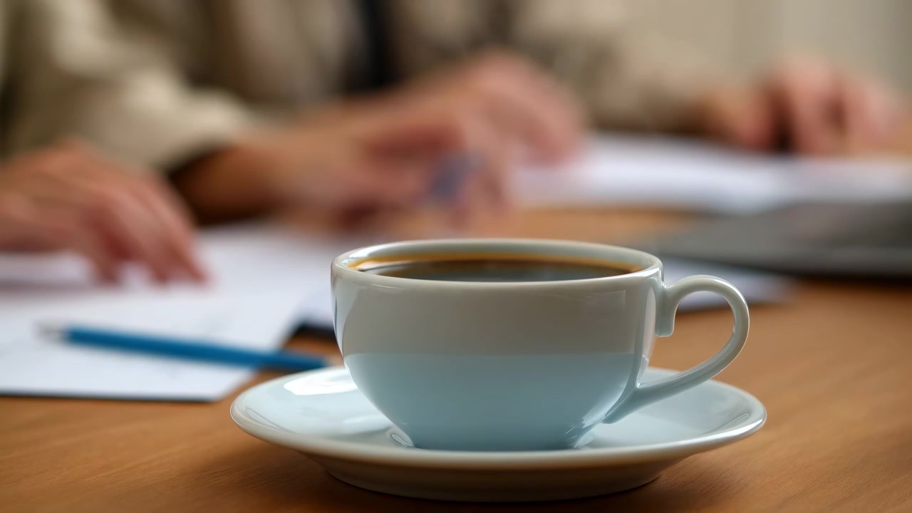 En hvid kop varm kaffe står på en underkop på et træbord, mens ufokuserede hænder, papirer og blødt indendørs lys skaber et roligt arbejdsområde eller mødested.
