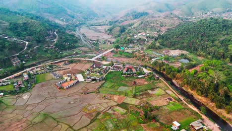 sapan village in mueang nan district, thailand aerial view of rice field and scenic mountains landscape romantic travel destination