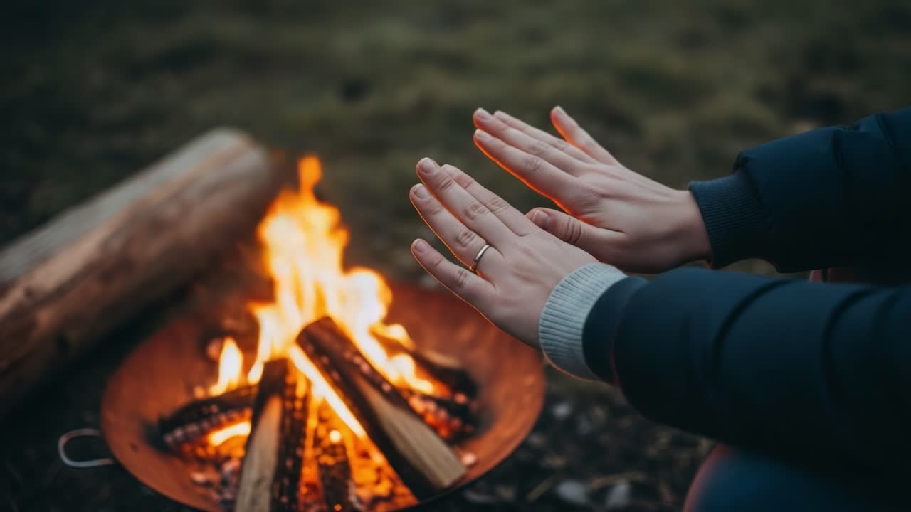 A Cozy Evening by the Fire: Handswarming in Nature's Embrace with Flames Dancing and Logs Crackling as the Night Falls
