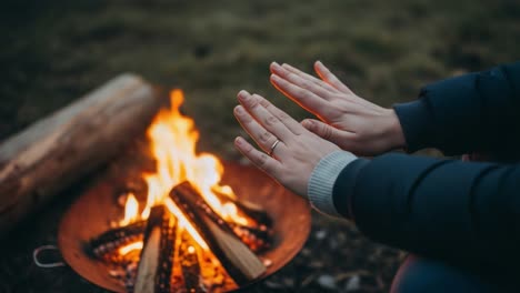 A Cozy Evening by the Fire: Handswarming in Nature&#039;s Embrace with Flames Dancing and Logs Crackling as the Night Falls