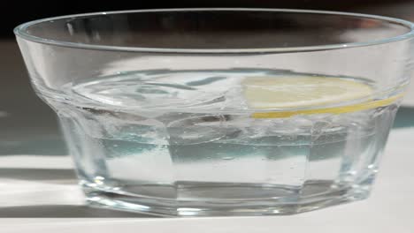 glass of iced sparkling water with lemon