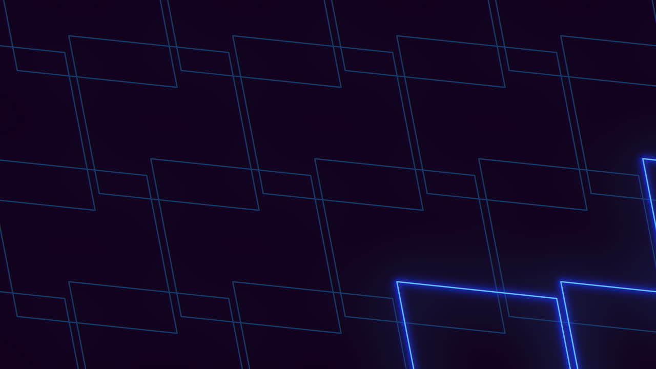 Neon blue geometric square grid background with glowing frame, seamless motion
