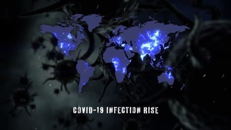 animated world map shows covid-19 spread with floating virus cells.