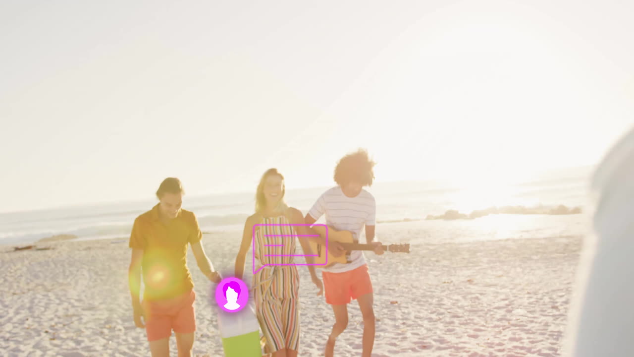 Walking on beach, friends with animation overlay, one playing guitar