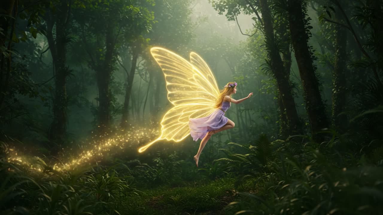 A magical fairy with luminous wings dances through an enchanted forest, surrounded by sparkling light and vibrant greenery, capturing the essence of fantasy and whimsy