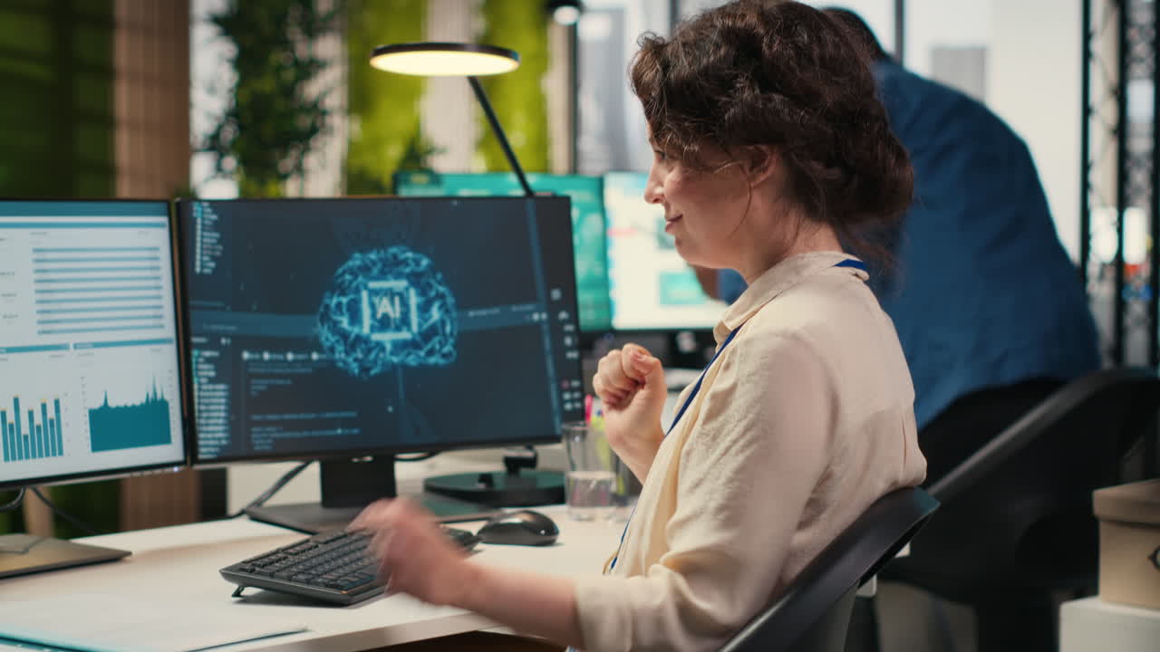 Vertical Video Employee being pleased with AI integration success for efficiency recognition