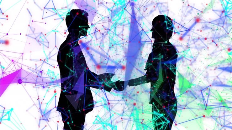 Animation of silhouette of businessman and businesswoman shaking hands with connections