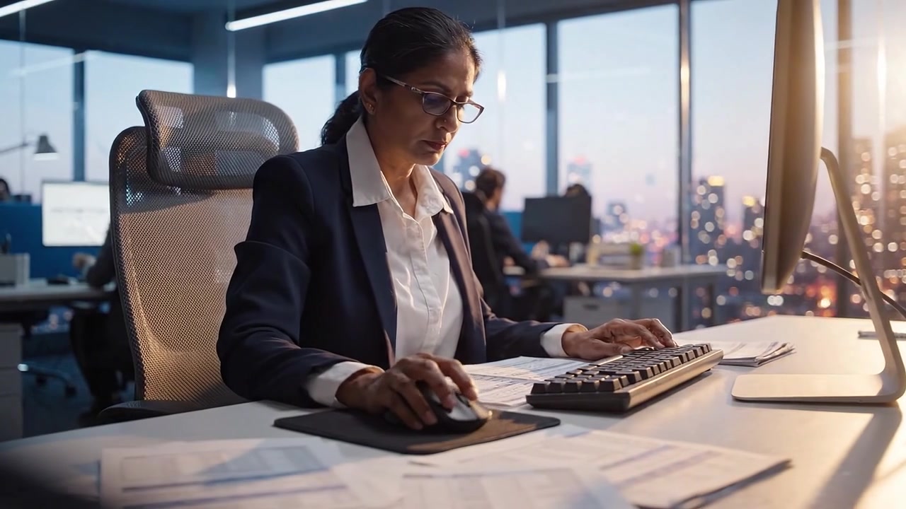 Professional Woman Working Late in Modern Office, Focused on Computer Screen Surrounded by Papers, Capturing the Essence of Dedication and Productivity