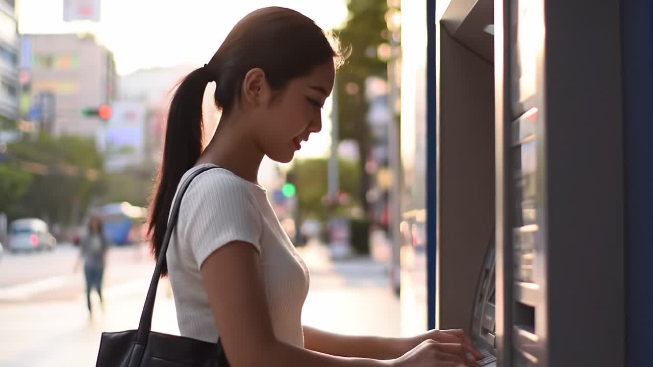 A Young Woman Using an ATM on a Busy Street, Engaged in a Transaction While the Sun Sets, Showcasing Urban Life and Modern Banking Technology