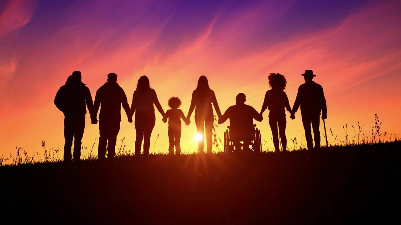Grupo diversificado de pessoas de mãos dadas ao pôr do sol