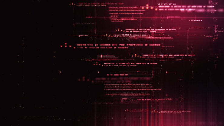 Futuristisch-abstraktes, unscharfes, fließendes Datenmatrix-, Telemetrie- und verschlüsselte Zahlen-Display mit Partikelsimulation für ein Head-up-Display in einer Cyber-Raum-Umgebung als Loop-Hintergrund.
