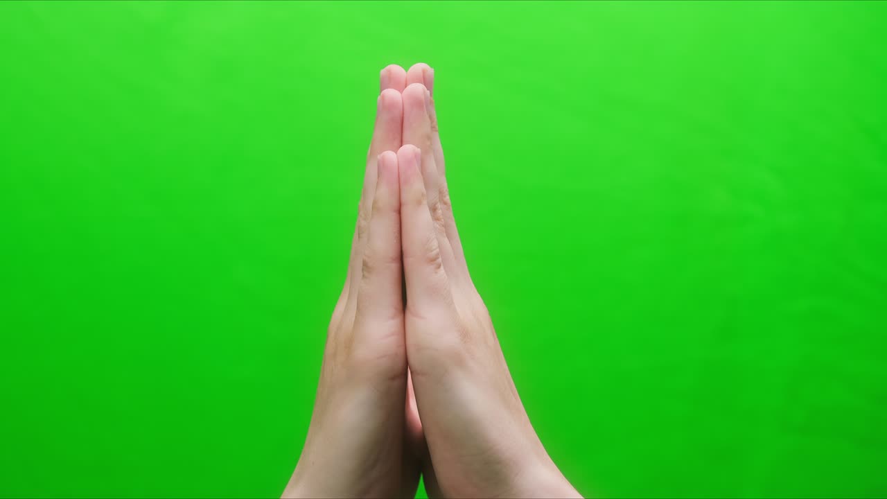 Close-up of a hand gesture on a green background, two palms folded together, shooting gesturing in studio