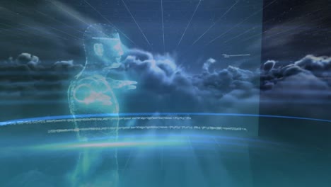 animación de procesamiento de datos y humano digital sobre nubes sobre fondo negro